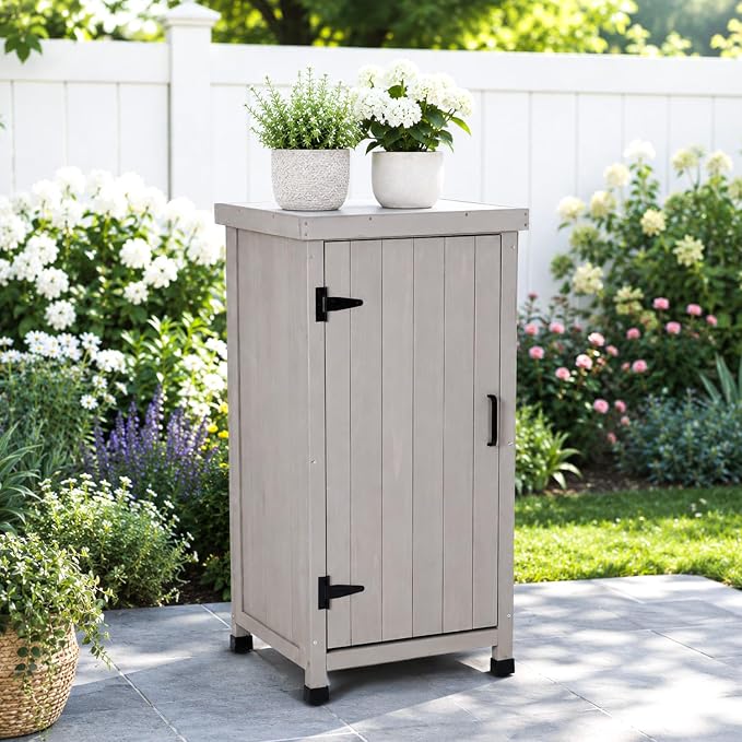 Small Outdoor Storage Cabinet with Metal Top | Wooden Potting Table & Garden Workbench | Weatherproof Gardening Table| Space-Saving Potting Bench for Patio, Backyard Gardening Tools
