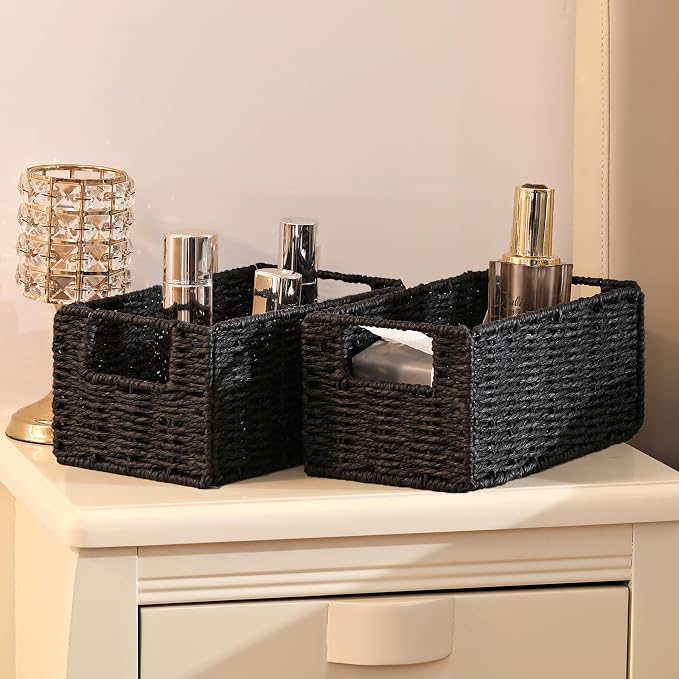 Vagusicc Wicker Storage Basket, Set of 2 Black Wicker Baskets for Bathroom | Hand-Woven Wicker Small Storage Baskets for Organizing Toilet Paper, Foldable Large Cube Storage Organizer Bin for Shelves