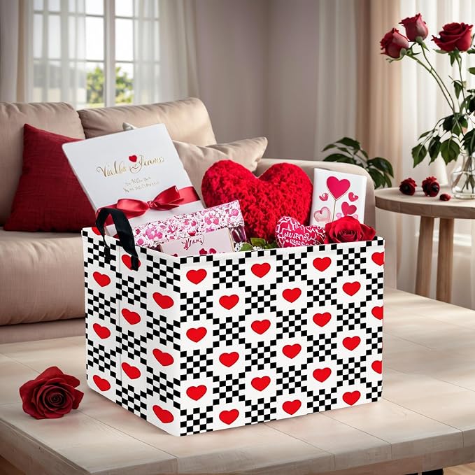 Valentine's Day Basket for Gifts Empty Cute Heart Large Gift Basket Decorative Storage Bin for Kid and Baby Room Décor (Black and White Checkered Heart)