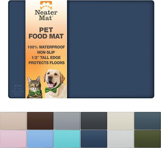 Neater Pet Brands Neater Mat Pet Mats for Food and Water, Cat & Dog Bowl Mat Waterproof Silicone, Feeding Tray, Dog Food Mats for Floors, Placemat w/Raised Edge for Under Bowls, 24" x 16", Dark Blue
