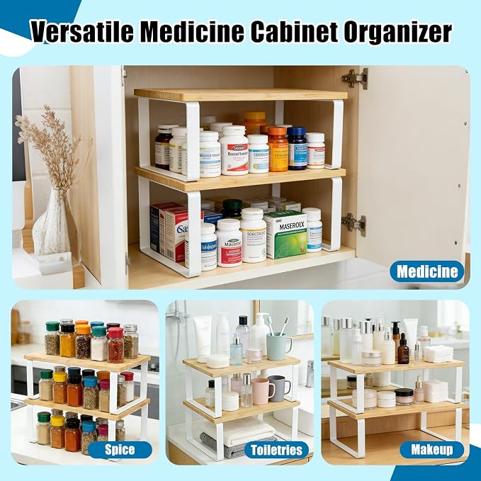2 Pack Medicine Cabinet Organizer, Expandable and Stackable Medicine Bottle Organizer Shelf, Pill Bottle Organizer for Cabinet and Countertops, Rack for Medicines and Vitamins, Made of Metal & Wood