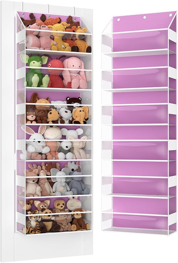 Over the Door Organizes- 6 Tier Stuffed Animal Storage, Bathroom Organizers and Storage, Swing-proof Hanging Organizer for Toys/Nursery Newborn Baby Essential Stuff (Clear-pink)