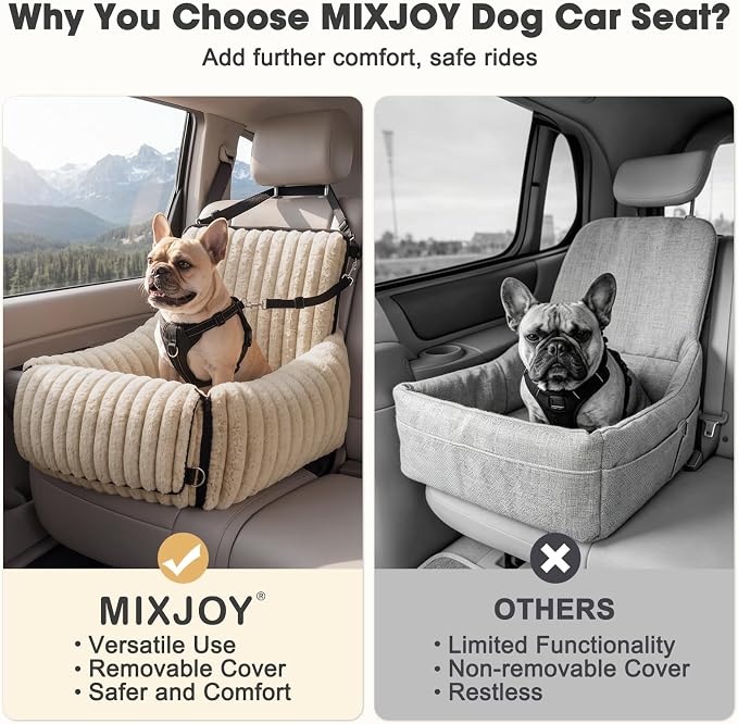 MIXJOY Dog Car Seat for Small/Medium Dogs up to 23 lbs, Multi-Functional Dog Carrier for Car with Detachable Washable Cover, Pet Travel Bed with Clip-On Safety Leash, Brown