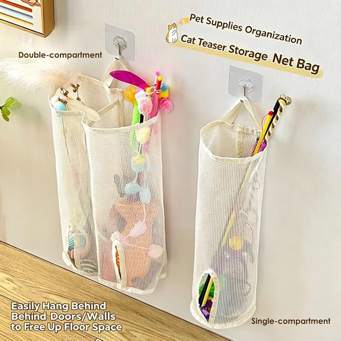 15.16" Cat Wand Toy Holder Organizer Storage Bag - Special Bottom Opening Design, Pet Kitten Stick Doy Toy Mesh Pockets for Cat Feather Teaser Toys Wall Hanging Basket Box Bin (Beige, Double)