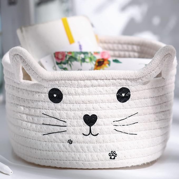 Zopeal Cat Woven Gift Basket, 8.3 x 4.7 Inch, white | Cute Cotton Rope Organizer with Handles for Toy Box, Nursery Decor, Decorative Bin, Pet Supplies Holder, Desk Storage