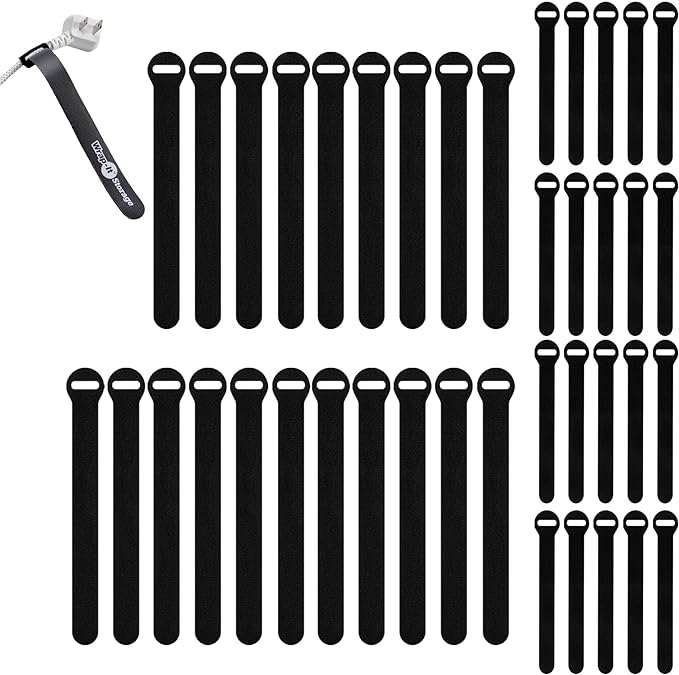 Self-Gripping Cable Ties by Wrap-It Storage - Assorted 40-Pack Black | Reusable Hook and Loop Cord Organizer Cable Ties for Cord Management and Desk or Office Organization
