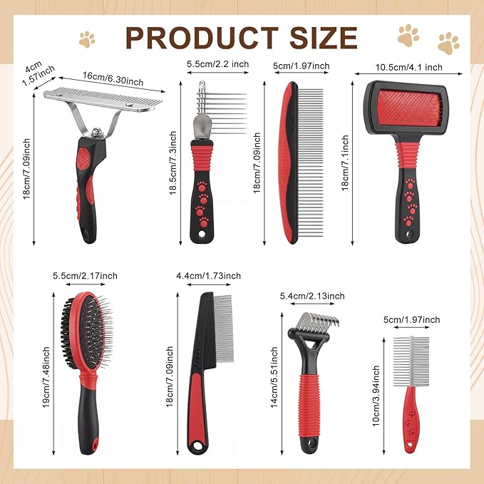 Zhehao 8 Pcs Pet Grooming Kit - Dematting Combs, Slicker Brush, Steel Comb Deshedding Brush, Flea Comb, Undercoat Rake for Detangling Long Matted Fur Hair from Dogs, Cats, Poodles, Anti-slip Handle