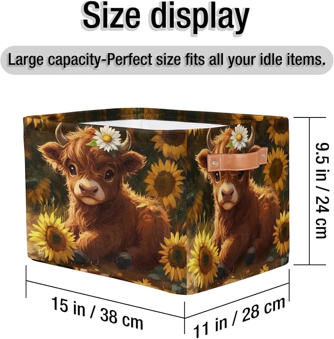 Cute Baby Cow Storage Basket with Handles Fabric Storage Bins Collapsible Nursery Basket for Shelf Book Cloth Closet Organizer Box 15 X 11 X 9.5 IN