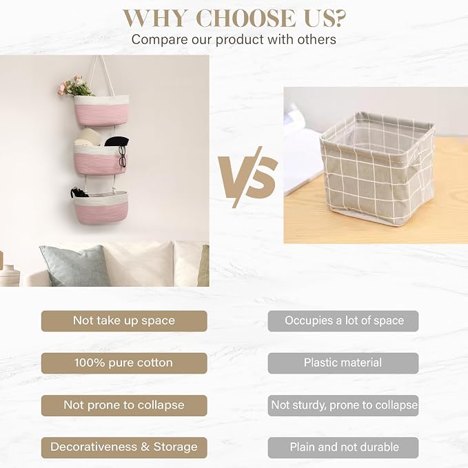 TeoKJ Over the Door Hanging Basket, 3-Tier Woven Cotton Wall-Mounted Storage Organizer Bag Decorative Hanging Nursery Baskets, Pink & White