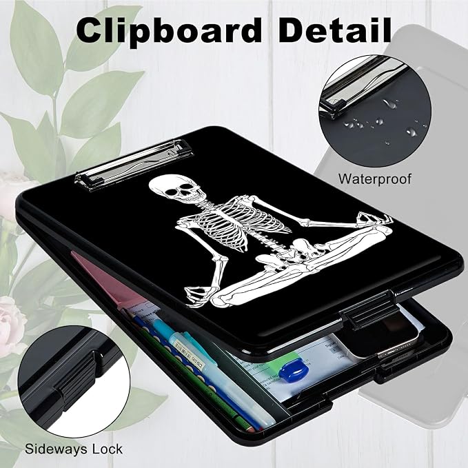 Sitting Skull A4 Clipboard with Storage Pen Holder, Clipboards Organizer Nursing Clipboard Foldable File Folder Plastic Clipboard Folio Clip Board for Office Students Classroom Doctor