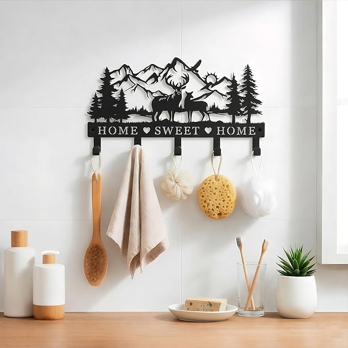 Deer Mountain Metal Key Holder Wall Mount Key Holder for Wall Rustic Cabin Decor Key Rack Hooks Hanger Woodland Wildlife Wall Art Entryway Organizer Housewarming Hunting Gifts