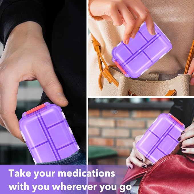 Large Medicine Pill Organizer with 189 Labels, 10 Compartments Purse Pill Case Travel Medicine Organizer Essentials Travel Daily Pill Container (Purple, 1 Pack)
