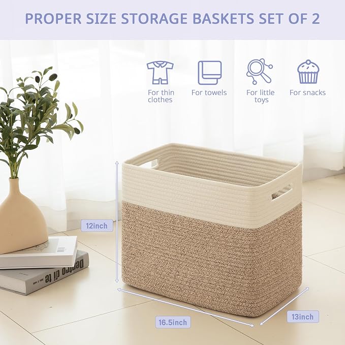 OIAHOMY 2 PACK Tall Storage baskets 42L Blanket Basket Living Room Brown | Large Collapsible Storage Bins Narrow Basket Baskets for Closet Organization Storage Baskets for Shelves Toy Storage Basket