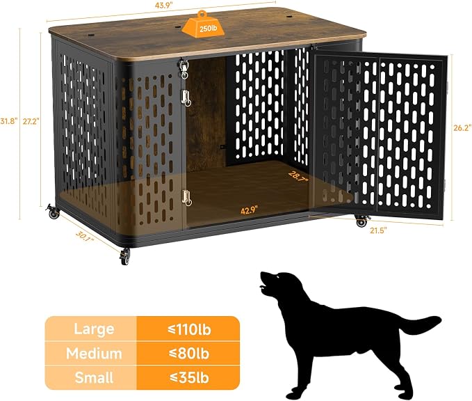 ONBRILL Heavy Duty Dog Crate Furniture for Large and Medium Dogs, 43.7 Inch Large Dog Crate Kennel with Flip Top & Cushion & Wheels, Escape Proof Pet Cage,Wooden Cage Kennel Furniture Indoor
