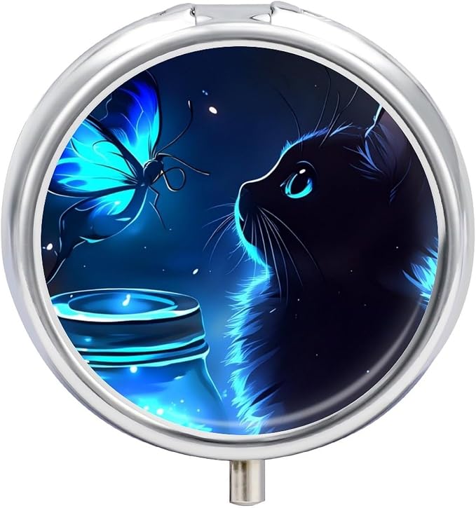 Black Cat Pattern Metal Round Pill Box, 3 Compartment Travel Organizer, Portable Pill Container with Secure Latch, 2 Inch Circular Vitamin Caddy for Pills and Vitamins, Gift for Him Her Elderly
