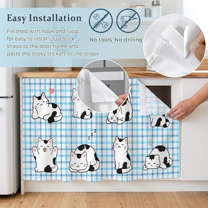 Cute Cat Oven Skirt Curtain for Kitchen Decor 28"x35", Modern Playful Pet Cats Blue Purple Plaid Self Adhesive Stove Curtains Skirt Cabinet Curtains for Bathroom Laundry Room