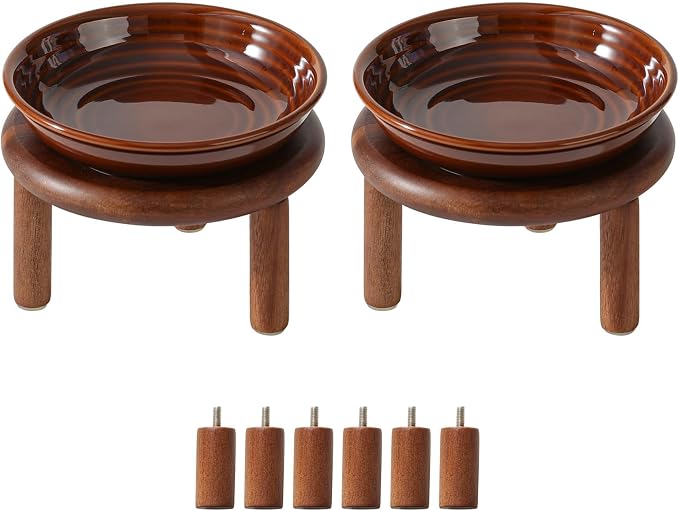 Havniva Elevated Cat Bowls, Ceramic Cat Bowl with Wood Stand, Wide Opening | 5.7” Raised Cat Food Bowls, Whisker Friendly Cat Dish, Anti-Slip Cat Water Bowls, Shallow Cat Bowls, Cat Food & Water Bowl