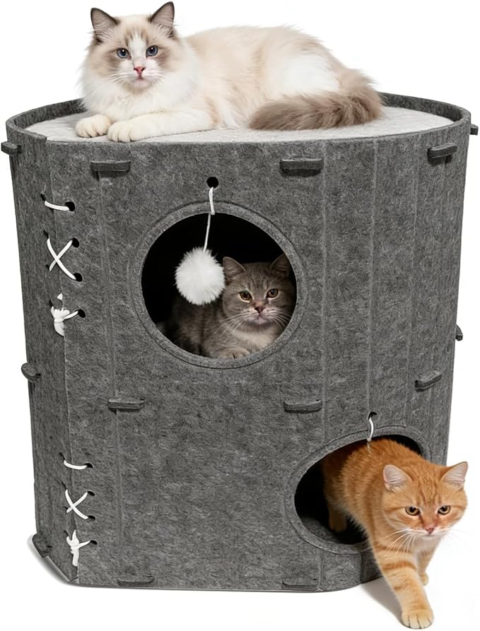 Cat House for Indoor Cats - 2-Storey Foldable Cat Bed Cave with Scratch-Resistant Felt Cats Tunnel Bed Condo & Hanging Fluffy Ball | Cozy Spacious Hideaway for Multi-Cats| Durable & Easy to Store,Gray
