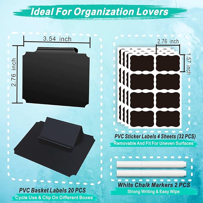 54-Piece Set of Basket Labels Clip On For Storage Bins: 20 Erasable Plastic Kitchen Pantry Labels, 32 Removable PVC Tag Stickers, 2 White Chalk Markers, For Organization Container, Jar, Shelf, Laundry | 20 Washable Plastic Kitchen Pantry Labels & 32 Re...