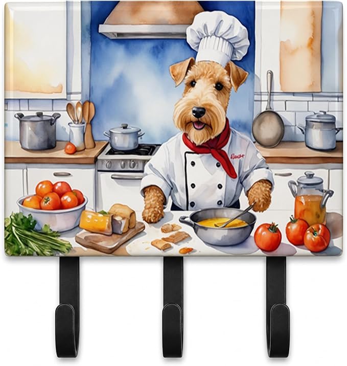 Caroline's Treasures Lakeland Terrier The Chef Leash or Key Holder Wall Hooks, Key Hooks Holder, Coat Rack Wall Mount, Coat Hooks, Hooks for Hanging Keys, Towels, Aprons, Leashes | Lakeland Terrier The Chef artwork on ceramic tile with three steel hook...