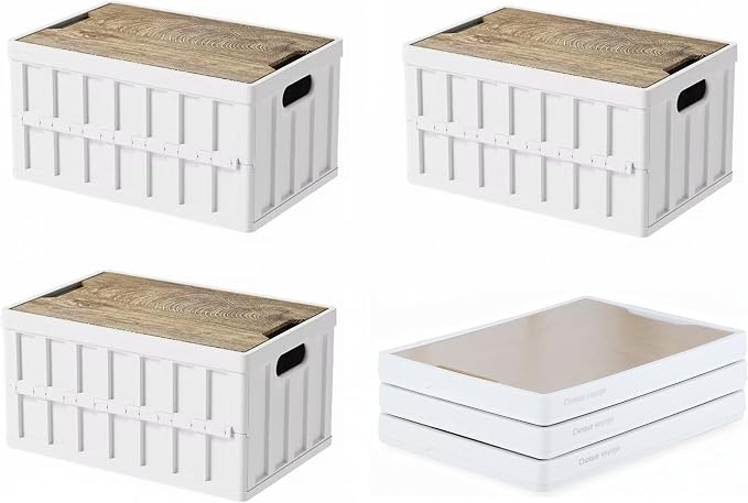 VIMI 50L Collapsible Storage Bins with Lids Stackable Utility Crates with Handles Plastic Large Folding Containers for Organizing Tools,Books,Food,Drinks,Camping&Transport (White-3 Pack)