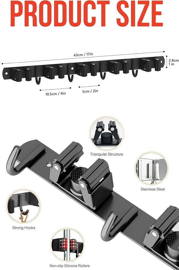 2 Pack Mop and Broom Holder Wall Mount, Upgraded Broom Hanger Wall Mount, Stainless Steel Broom Organizer for Closet Garage Laundry Room Kitchen Wall Decor Black 5R4H