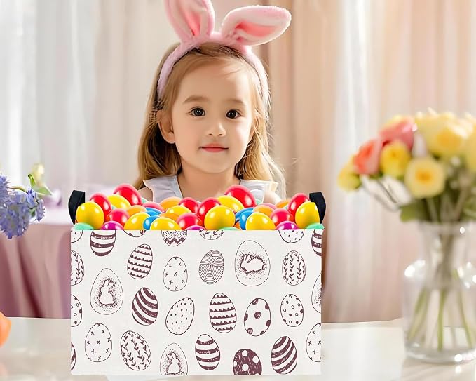 Large Rectangular Easter Baskets Empty Waterproof Boy Toy Box Foldable Kid's Gifts Storage Bin Spring Room Decor(Brown Egg)