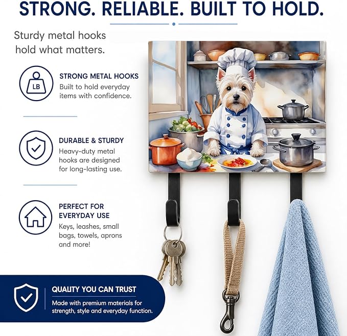 Caroline's Treasures Westie The Chef Leash or Key Holder Wall Hooks, Key Hooks Holder, Coat Rack Wall Mount, Coat Hooks, Hooks for Hanging Keys, Towels, Aprons, Leashes | Westie The Chef artwork on ceramic tile with three steel hooks for keys, leashes,...