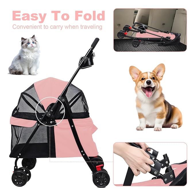 4‑Wheel Foldable Pet Stroller, Travel Strolling Cart for Small & Medium Dog | Breathable Visible Mesh Window, Cup Holder & Storage Basket, Rear Wheel Dual Brake, Portable Folding Design Pink