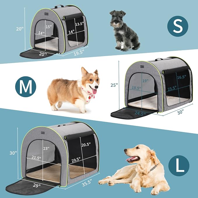 PETSFIT Collapsible Dog Crate, Travel Dog Crate - 30 Inch Lightweight, Roomy, Easy to Set Up, Sturdy Soft Dog Kennel with Thick Mat, Snowflake Grey