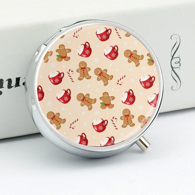 Round Pill Case, Christmas Gingerbread Man Candy Cane Portable Mini Holder, Travel Organizer with Mirror, Pocket Purse Box for Daily Meds