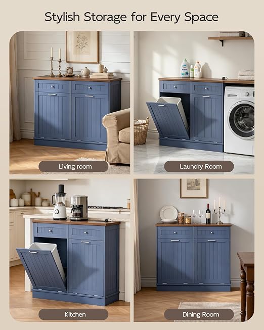 Betterhood Double Tilt Out Trash Cabinet with Power Outlet & USB, Hidden Garbage Can Holder with 2 Storage Drawers, Wooden Laundry Hamper for Kitchen, Bathroom, Living Room, Blue