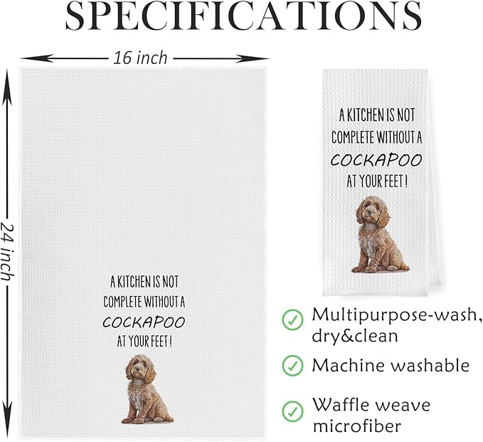 Funny Cockapoo Dish Towels - 16x24 Inch, 100% Microfiber, Waffle Weave, Absorbent, Quick Drying, Casual, Cockapoo Color, Kitchen Cloths, Gifts