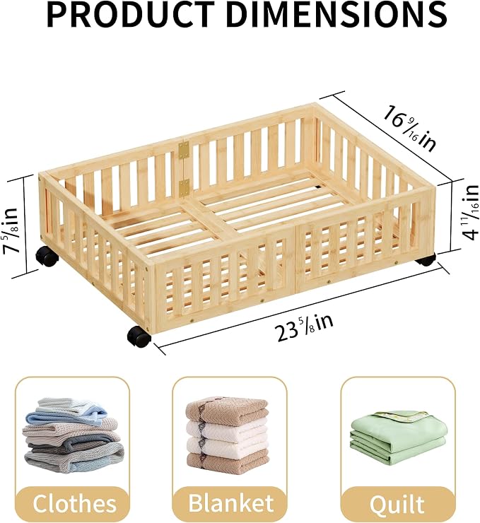 Under Bed Storage with Wheels, 2 Pcs Bamboo Drawers for Clothes and Toy | 360° wheels glide smoothly, Sturdy bamboo frames hold clothes, shoes, bedding and toys. Easy pullout access keeps rooms tidy