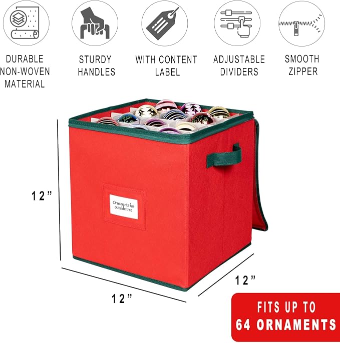 HOLDN’ STORAGE Christmas Ornament Storage Box Christmas Decor Storage Containers that Store up to 64 – 3” x 3” Holiday Xmas Ornaments – Adjustable Compartment To Fit Many Sizes Ornaments – Red