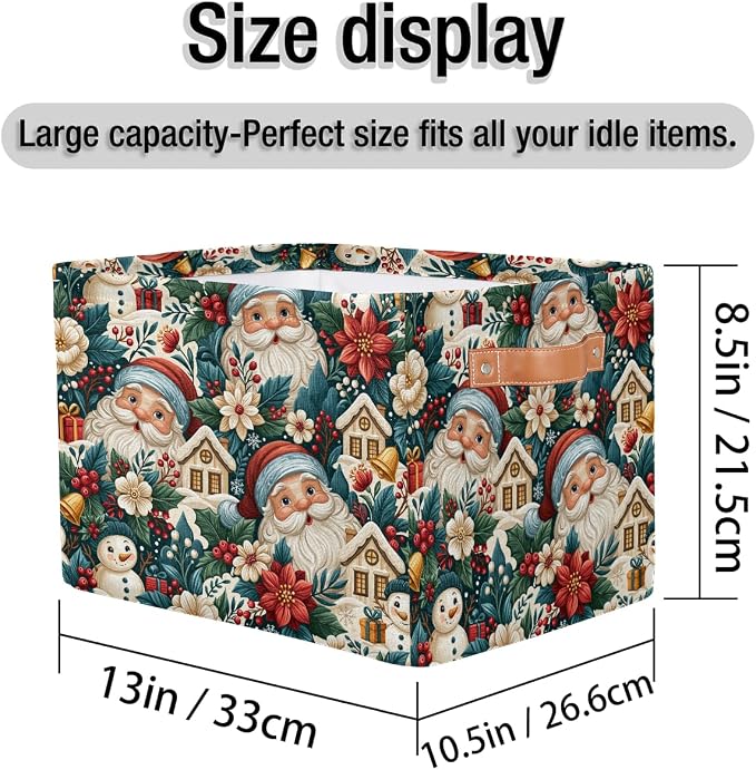 Christmas Basket Storage Bins Rectangle Canvas Basket Cube Storage Box | Nursery Foldable Basket with Handle for Kids Girls Boys Toys Living Room Closet Organizer Shelf Gifts Poinsettia Santa Claus