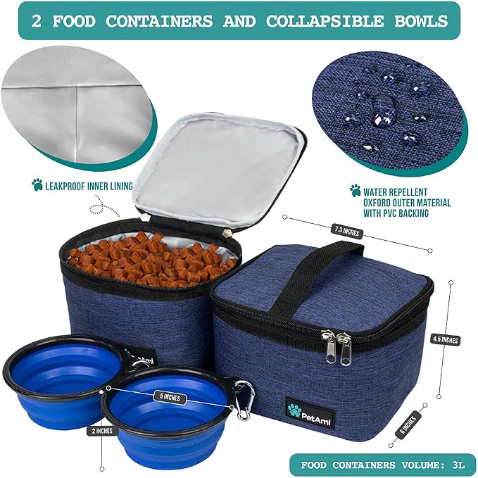 PetAmi Dog Travel Bag Organizer, Pet Supplies Diaper Tote, Navy Blue Medium | Pet Travel Kit with 2 Food Containers & 2 Collapsible Dog Bowls, Luggage Sleeve, Weekend Getaway Road Trip Camping Essentials