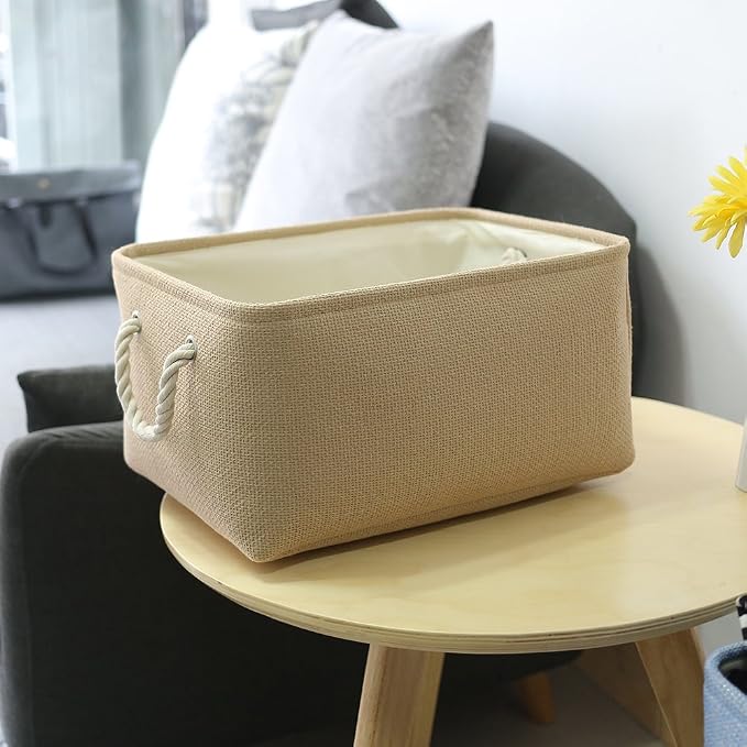Decorative Basket Rectangular Small Storage Basket Fabric Storage Bin Organizer Basket with Handles for Clothes Storage (Beige, 11.8L×7.9W×5.2H inch)