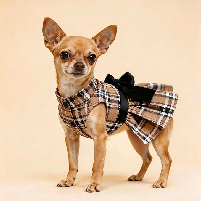 Classic Plaid Dog Dress with Bow Tie for Small Dogs Cats Girls, Cute Puppy Dresses Clothes with Bowknot Chihuahua French Bulldog Pet Apparel Outfits (Chestnut Brown, XX-Small)