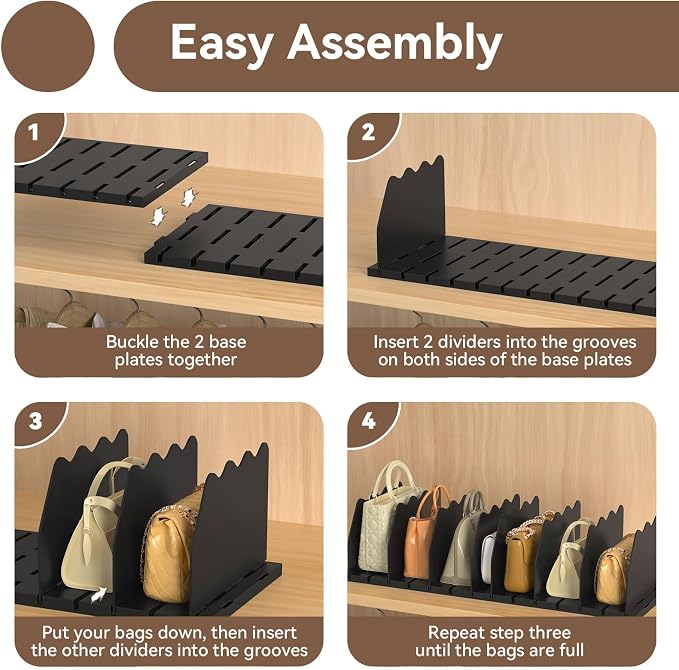 SOYO Adjustable Shelf Dividers for Closet, Purse Organizers for Bag, Black | Acrylic Handbag Storage Pocketbook Organizer, Bookshelf Separators for Bedroom Armoire Wardrobe Office Cabinet