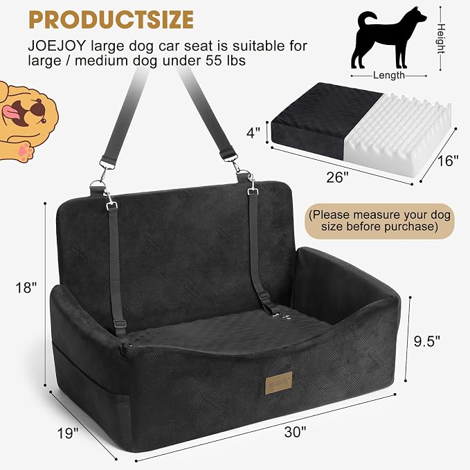 JOEJOY Dog Car Seat for Large Medium Sized Dogs Under 55 lbs, Dog Booster Seat for 2 Small Dogs with Detachable Washable Cover, Memory Foam Pet Car Seat with 2 Safety Belts and Storage Pockets