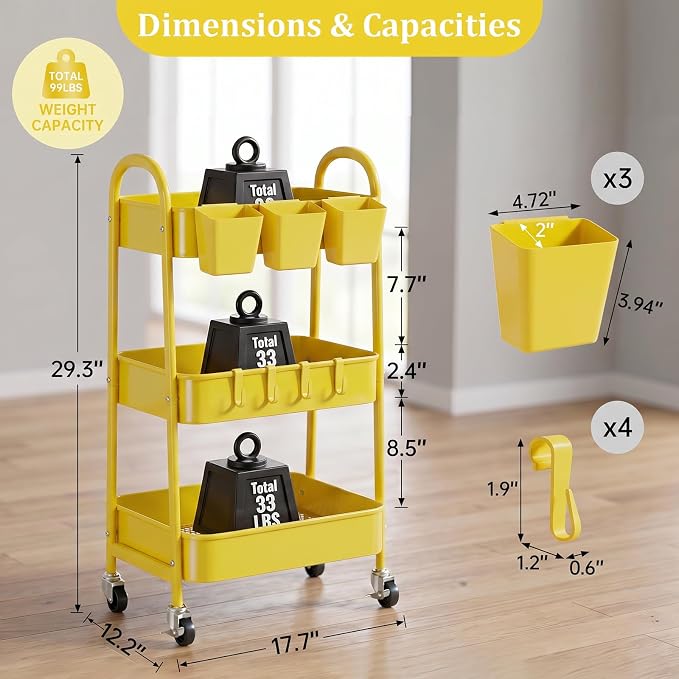 danpinera 3-Tier Rolling Cart, Utility Cart Mobile Metal Rolling Storage Cart with Lockable Wheels & Hanging Cups & Hooks for Kitchen, Bathroom, Office, Workshop, Yellow
