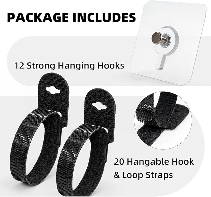 Cable Organizer - Keep Cord Bundles Out of the Way and Easy to Access | 12 Strong Adhesive Hooks + 12 Adjustable Hook-and-Loop Straps, Clear Mounts & No-Drill Setup