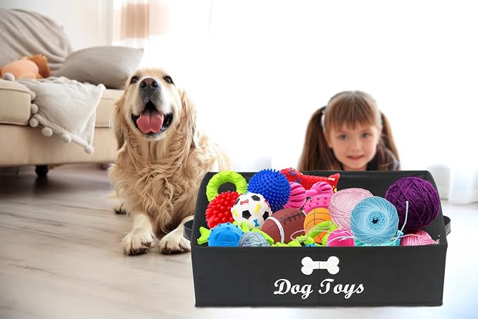 Geyecete Dog Toy Basket Large Dog Toy bin Dog Toy Box Storage Box - Foldable Fabric Trapezoid Organizer Boxes with Handle, Collapsible Basket for Dog Toys (Black-Dog)