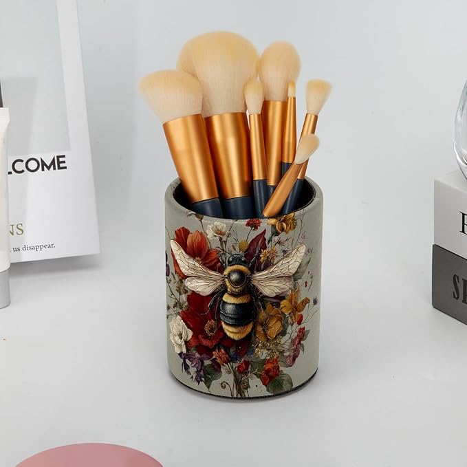 Faux Leather Pen Holder for Desk, Pencil Organizer Cute Bee Pen Cup Desk Decor Makeup Brush Holder Storage for Office Home