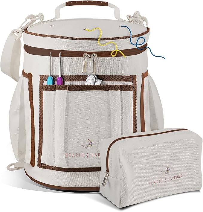 Hearth & Harbor Crochet Bag Organizer – Durable Knitting Bag, Yarn Organizer for Accessories and Supplies, Canvas Yarn Holder, Crochet Carrying Case with Accessories Pouch, Storage Organizer–Warm Gray