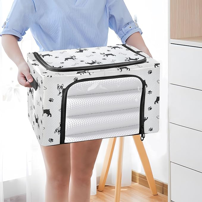 Pets Dogs White pattern Under Bed Storage Containers with Double Zipper Openings, Foldable Clothes Storage Bins with Clear Window and Handles for Bedding Blankets Comforters