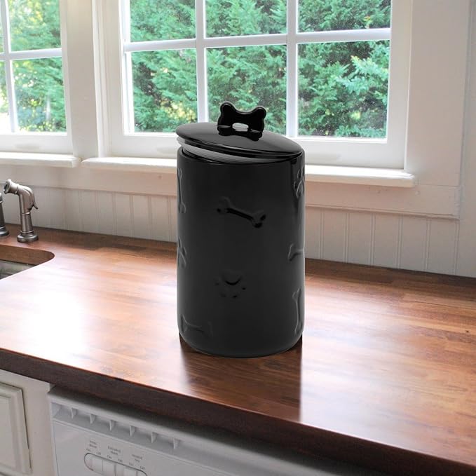 Dog Treat Container Airtight - 9"x5" Ceramic Big Treats Jar with Lid(Black) | Large Capacity Doggie Cookie Jar for Countertop, Airtight Lid Keep Food Fresh, Sturdy Durable, Cute Prints and Bone Handle