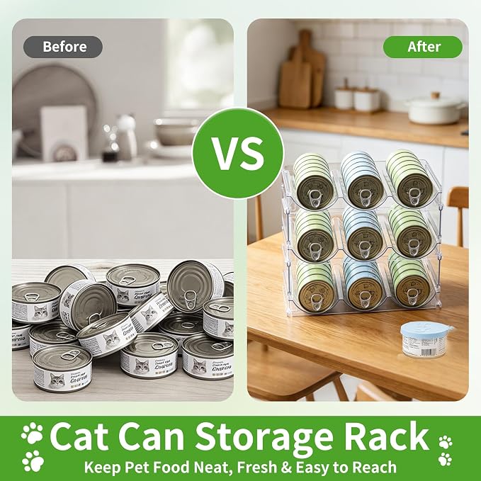 Cat Can Storage Organizer for Pantry, High Clear Acrylic Dog Canned Food Storage Rack 2 Tier Stackable Shelf for Pet Cans Dispenser with Can Cover Lid and Spoon (3 Tier Stackable Pet Can Organizer)