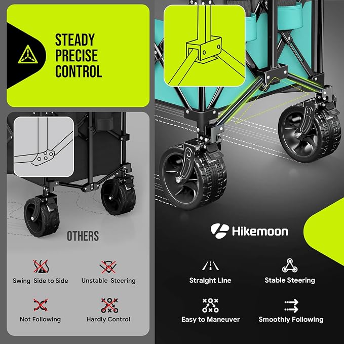 48'' Extra Large Collapsible Wagon, Big Wheels, 300L Turquoise | 560LBS Heavy Duty, Wagons Carts Foldable, All-Terrain, Brakes, Folding Cart, Utility for Beach/Camping/Garden/Sports/Grocery